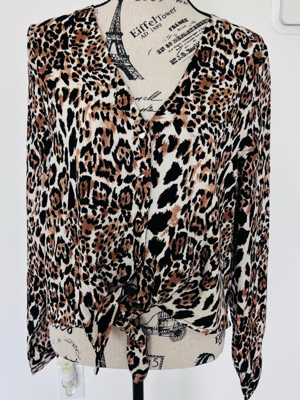 Leopard Print Tie-Front Blouse - Black, Brown & White Size L